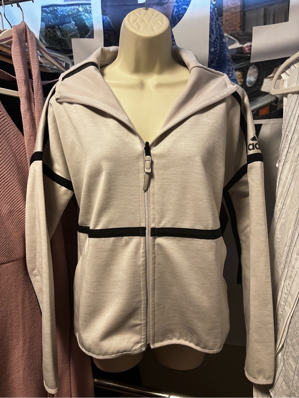adidas Light Beige Zip-Up Hoodie with Black Trim